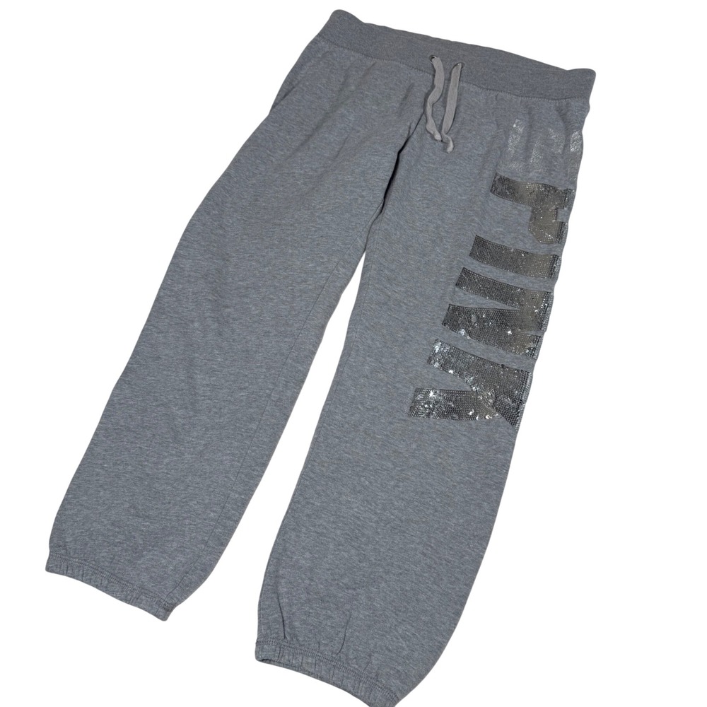 Victoria's Secret PINK Gray Silver Sequin Logo Jogger Sweatpants Mid-2010s Bling